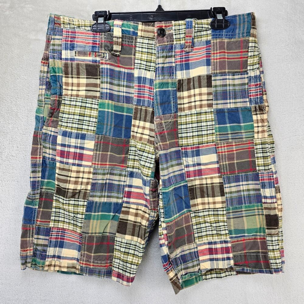 Vintage American Eagle Patchwork Plaid Camo Cargo Shorts Mens 32 Longer Length